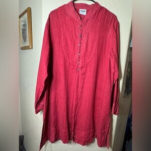 California Threads Red Linen Tunic Dress Long Sleeve Button Front Boho L USA